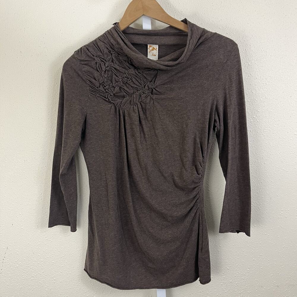 Anthropologie Puckered Placket Mock Neck Top Womens M Medium 3/4 Sleeves